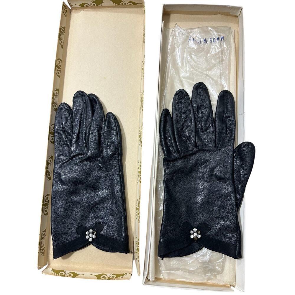 Vintage Guy La Roche Black Leather Gloves Size Small Rhinestone Coquette Retro